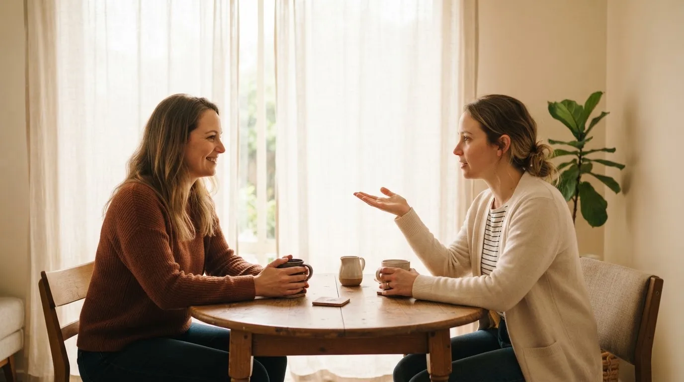 Twee mensen zitten rustig te praten aan een tafel in een lichte huiskamer.
