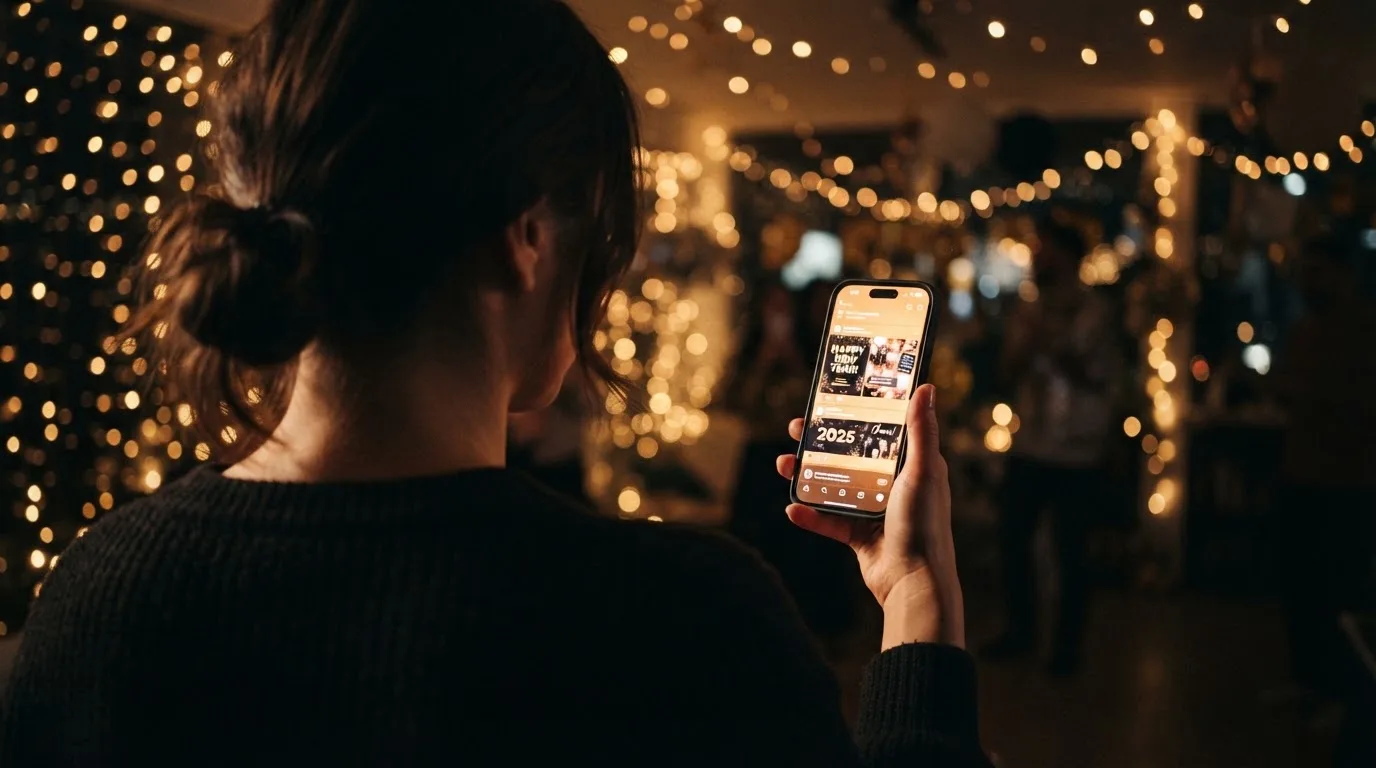 Een persoon houdt een smartphone vast terwijl er confetti-achtige lichtjes op de achtergrond te zien zijn in een feestelijke sfeer.
