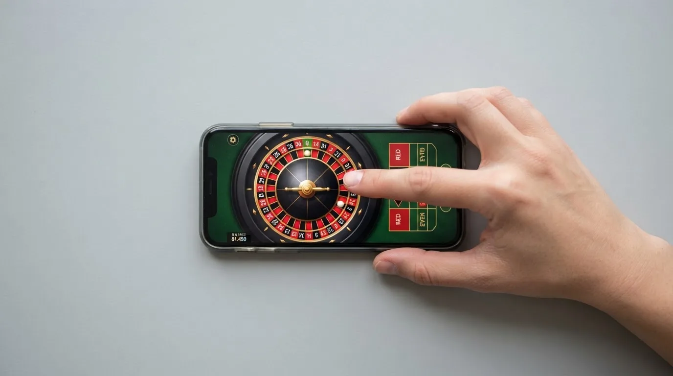 Close-up van een duim die over het scherm van een smartphone beweegt, gefotografeerd van bovenaf.